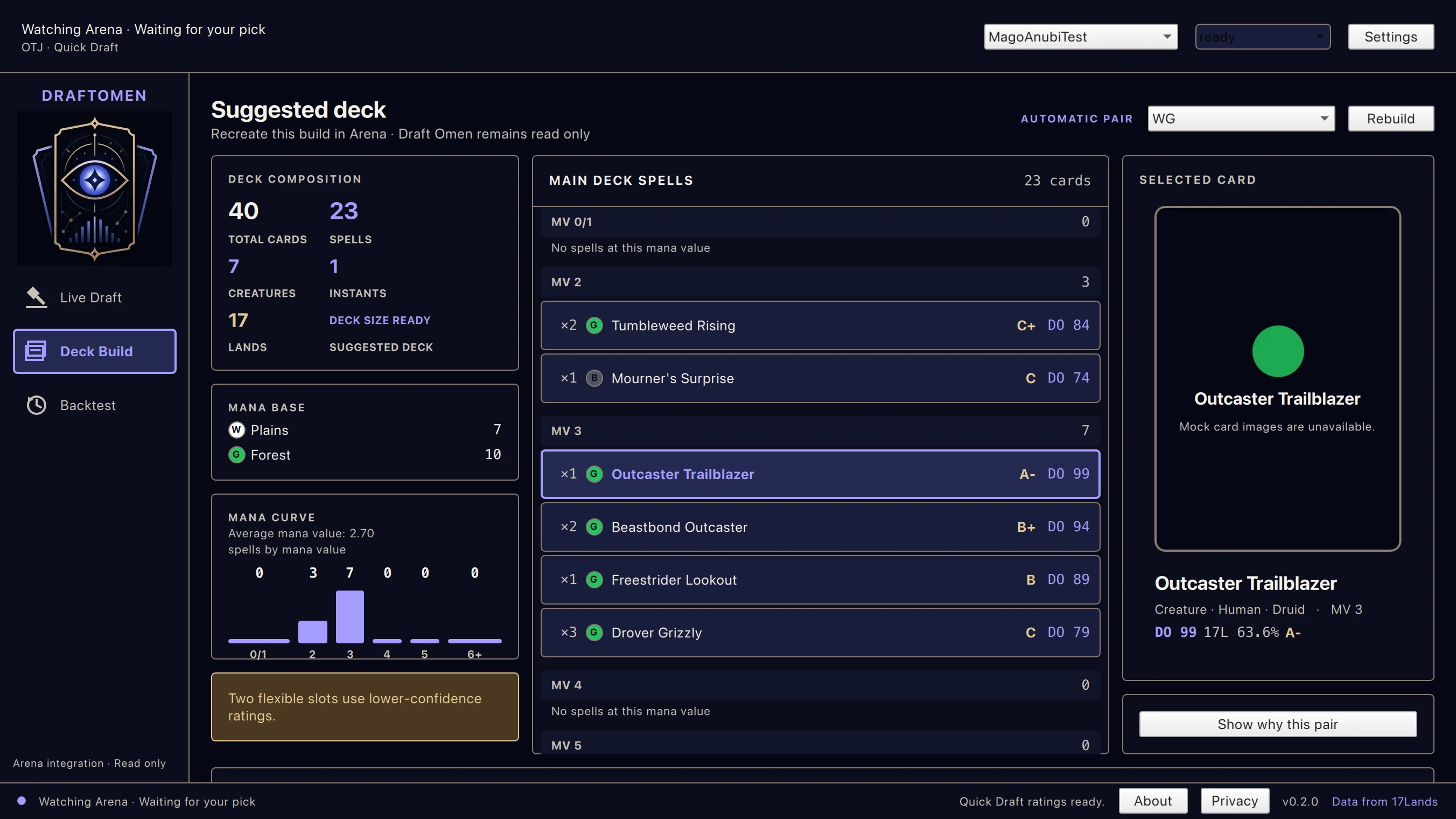Draft Omen build view showing a 40-card deck suggestion with 23 spells, 17 lands, curve, mana base, and pair