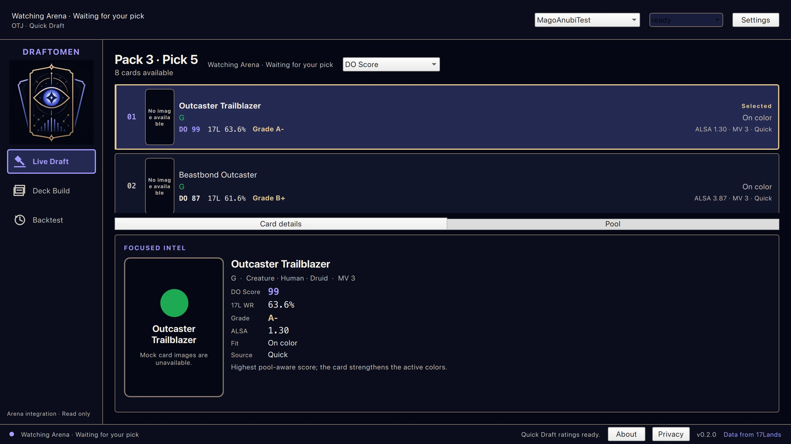 Draft Omen live pick view showing ranked cards, DO Score, 17Lands win rate, grade, colors, and fit